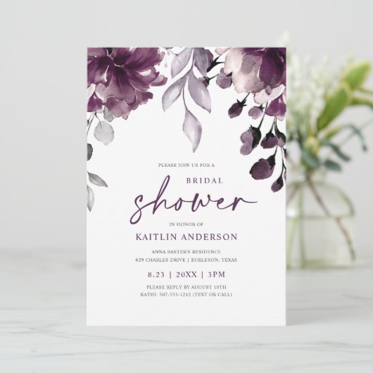 Lila Pflaumenblättriges Brautparty Einladung (Stehend Vorderseite)