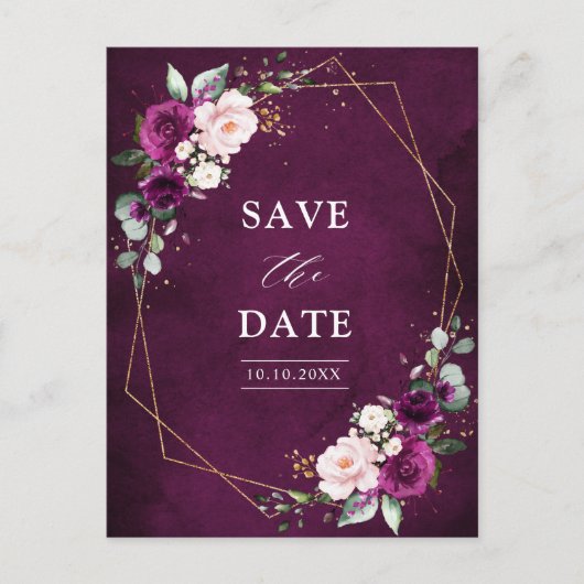 Lila Pflaumenblush-Rose Geometrisch Save the Date Postkarte (Vorderseite)