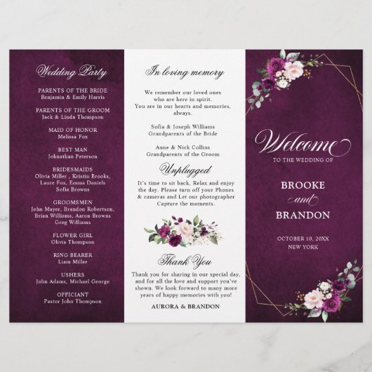 Lila Pflaumenblush-Rose-Hochzeitsprogramm (Vorderseite)