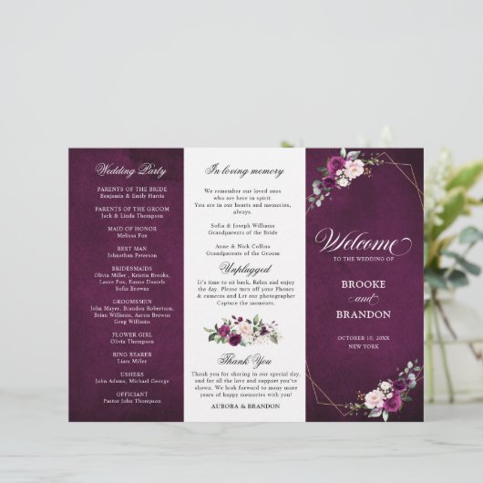Lila Pflaumenblush-Rose-Hochzeitsprogramm (Stehend Vorderseite)