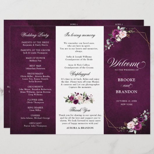 Lila Pflaumenblush-Rose-Hochzeitsprogramm (Vorne/Hinten)