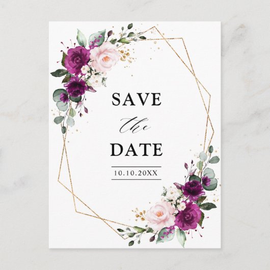 Lila Pflaumenblush-Rose Save the Date geometrisch Postkarte (Vorderseite)