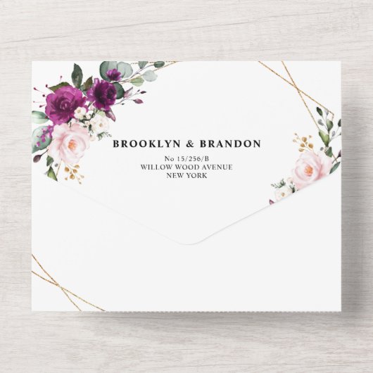 Lila Pflaumenblütenrosen Geometrische Hochzeit All In One Einladung (Rückseite)