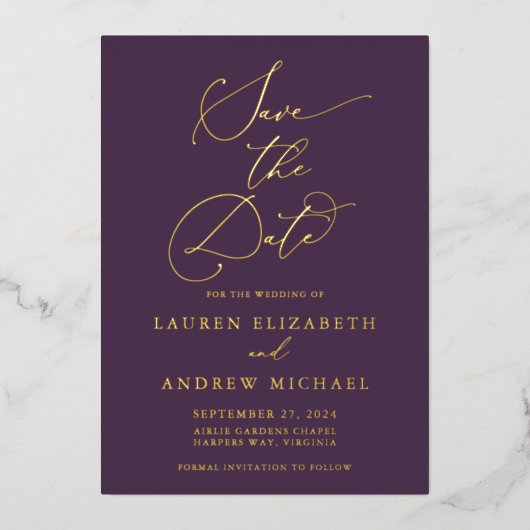Lila Pflaumengoldfolie Save the Date Minimalistisc Folieneinladung (Vorderseite)