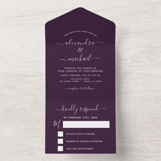 Lila Pflaumenhochzeit Moderne Typografie UAWG All In One Einladung (Innen Boden)