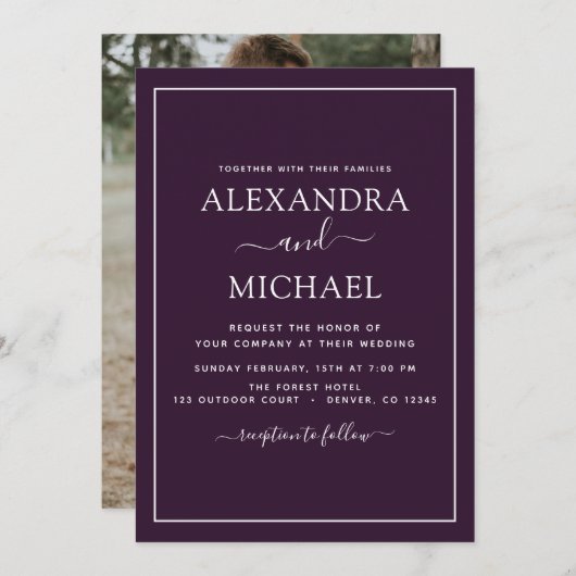 Lila Pflaumenhochzeit Romantisches Foto Einladung (Vorne/Hinten)