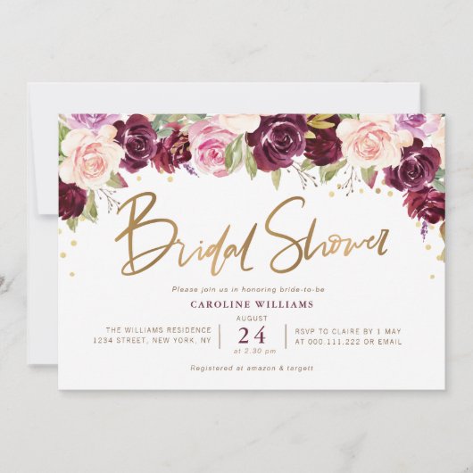 lila Pflaumenmuster und pfirsichfarbenes Brautpart Einladung (Vorderseite)