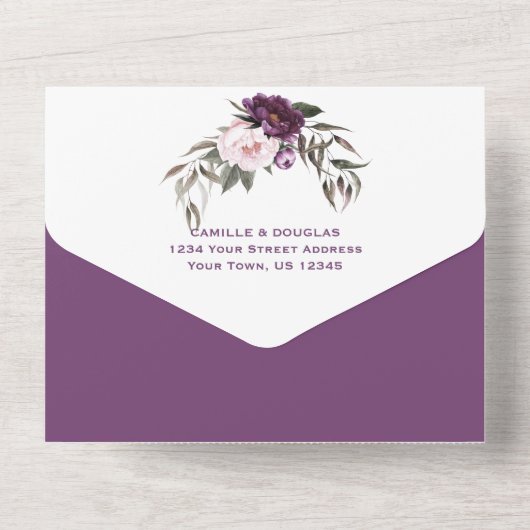 Lila Pflaumenpinker Hochzeit | All In One Einladung (Rückseite)