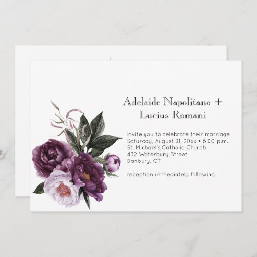 Lila Pflaumenpinker Hochzeit mit floralen Wasserfa Einladung (Vorne/Hinten)