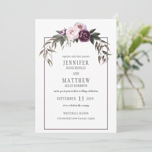 Lila Pflaumenpinker-Peonies Hochzeiten in Aquarell Einladung (Stehend Vorderseite)