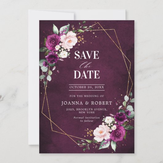 Lila Pflaumenrot Rose Boho Geometric Wedding Save The Date (Vorderseite)