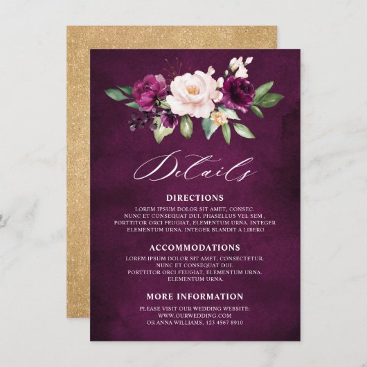 Lila Pflaumenrot Rosen Hochzeitdetails Begleitkarte (Vorne/Hinten)