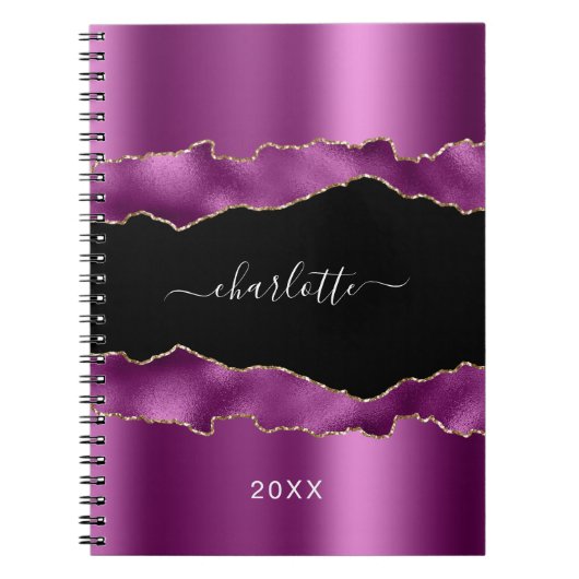 Lila Pflaumenschwarz-Agar-Marmornamenskript Notizblock (Vorderseite)