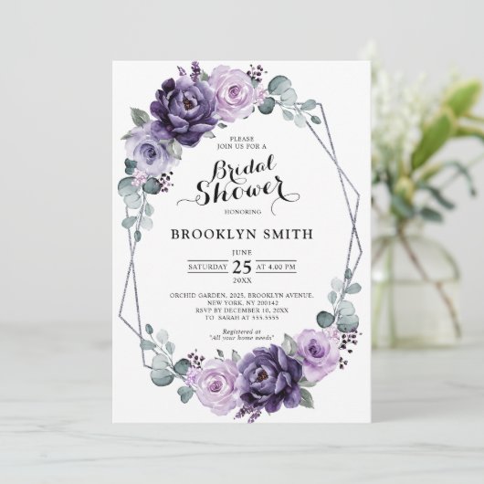 Lila Pflaumensilber-geometrisches Brautparty Einladung (Stehend Vorderseite)