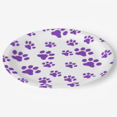 Lila Pfotendrucke Pappteller (Schrägansicht)
