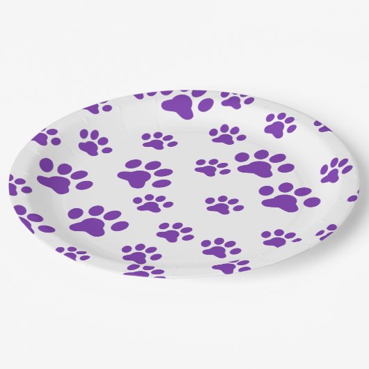Lila Pfotendrucke Pappteller (Schrägansicht)