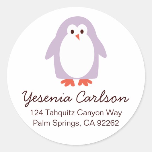 Lila Pinguin-Adressetiketten Runder Aufkleber (Vorderseite)