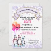 Lila Pinguine Ice-Skaten zum Geburtstag Einladung (Vorderseite)