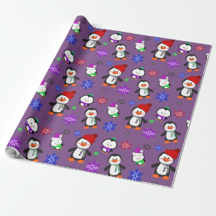 Lila Pinguine und Schneeflocken Niedliche Weihnach Geschenkpapier