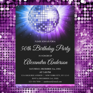 Lila Pink 50. Geburtstagsparty Silver Disco Ball Einladung