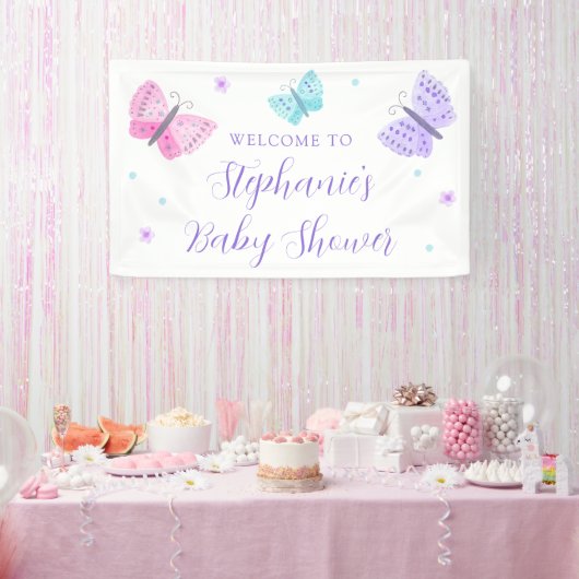 Lila Pink Aqua Butterflies Babydusche Empfang Banner (Party)