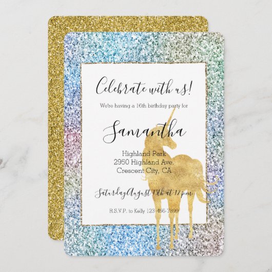 Lila Pink Aqua Gold Einhorn Glitzer Einladung (Vorne/Hinten)