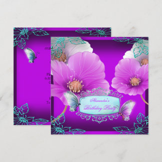 Lila Pink Aquamarin Butterfly Geburtstagsparty 2 Einladung