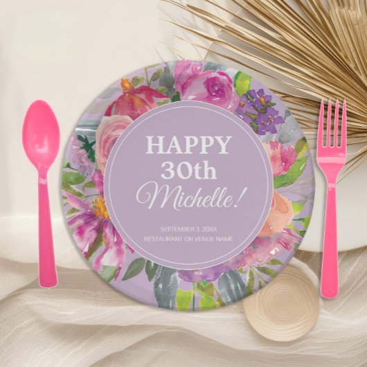 Lila Pink Aquarell Wildblume 30. Geburtstag Pappteller