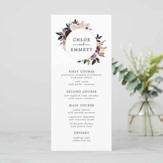 Lila Pink-Aquarellblütenhochzeit Menükarte (Stehend Vorderseite)