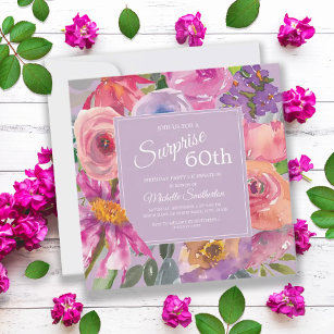 Lila Pink Aquarellfarben Wildblumen 60. Geburtstag Einladung