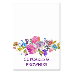 Lila Pink & Blue Blume Bouquet Food Zelt Cards Tischnummer