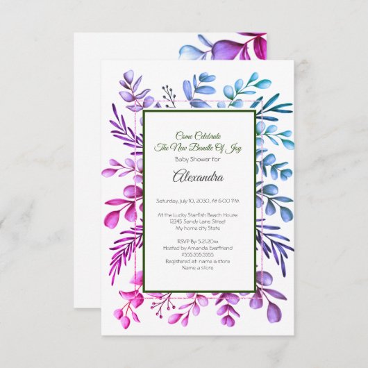 Lila Pink Blue Eucalyptus Baby Dusche Einladung (Vorne/Hinten)