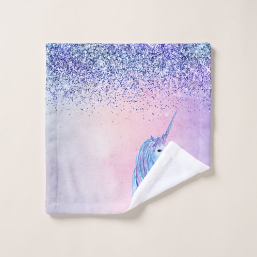 Lila Pink Blue Ombre Glitzer Unicorn Badhandtuch Set (Waschlappen)