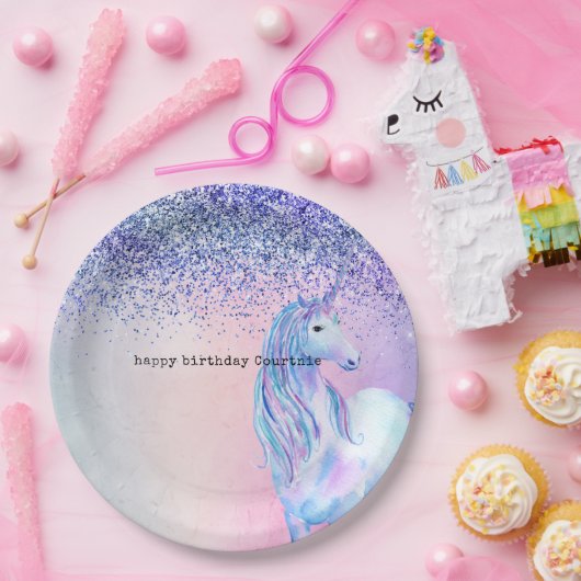Lila Pink Blue Ombre Glitzer Unicorn Pappteller (Party)