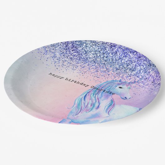 Lila Pink Blue Ombre Glitzer Unicorn Pappteller