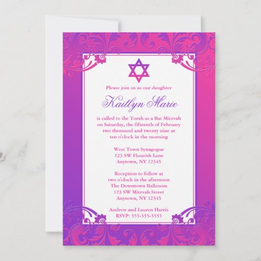 Lila Pink Blüh Bat Mitzvah Einladungen (Vorderseite)