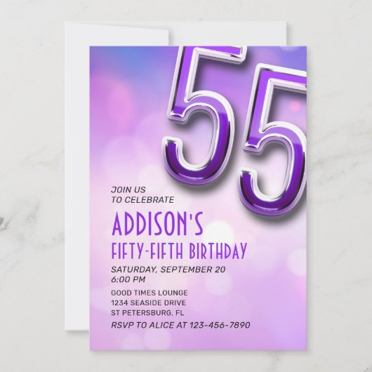 Lila Pink Bokeh 55. Geburtstag Einladung (Vorderseite)