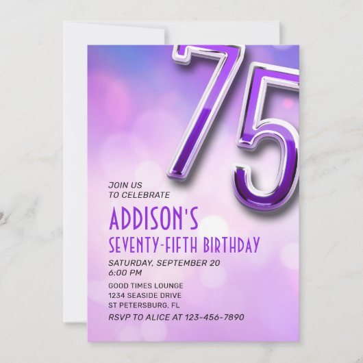 Lila Pink Bokeh 75. Geburtstag Einladung (Vorderseite)