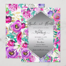 Lila Pink Bright Floral Wasserfarbenhochzeit Einladung