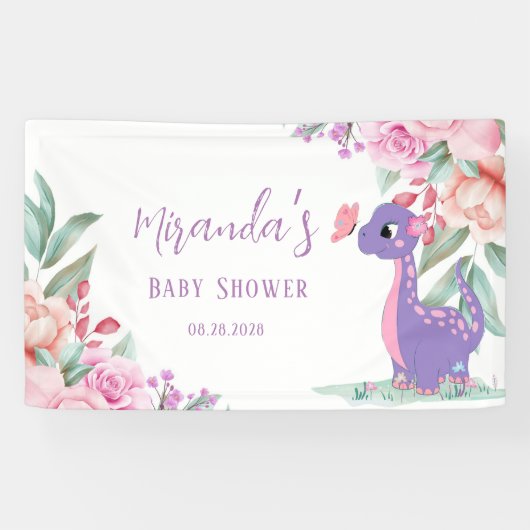 Lila Pink Dinosaur Butterfly Girl Babydusche Banner (Horizontal)