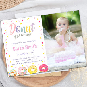 Lila Pink Donut Geburtstagseinladungen mit Foto Einladung