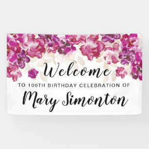 Lila Pink Floral 100. Geburtstagsparty Willkommen Banner