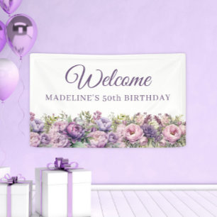 Lila Pink Floral 50. Geburtstag Willkommen Banner