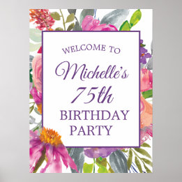 Lila Pink Floral 75. Geburtstag Willkommen Poster