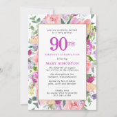 Lila Pink Floral 90. Geburtstag Einladung (Vorderseite)