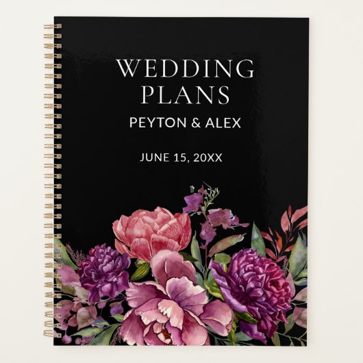 Lila Pink Floral Black Botanical Wedding Plans Planer (Vorderseite)