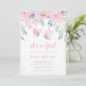 Lila Pink Floral Butterfly Girl Babydusche Einladung (Stehend Vorderseite)