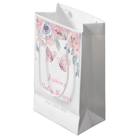 Lila Pink Floral Butterfly Girl Babydusche Kleine Geschenktüte (Vorderseite Schrägansicht)