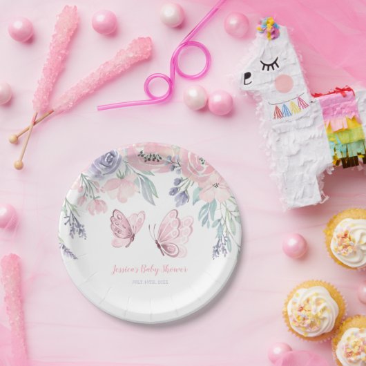 Lila Pink Floral Butterfly Girl Babydusche Pappteller (Party)