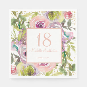 Lila Pink Floral Gold Glitzer 18. Geburtstag Serviette